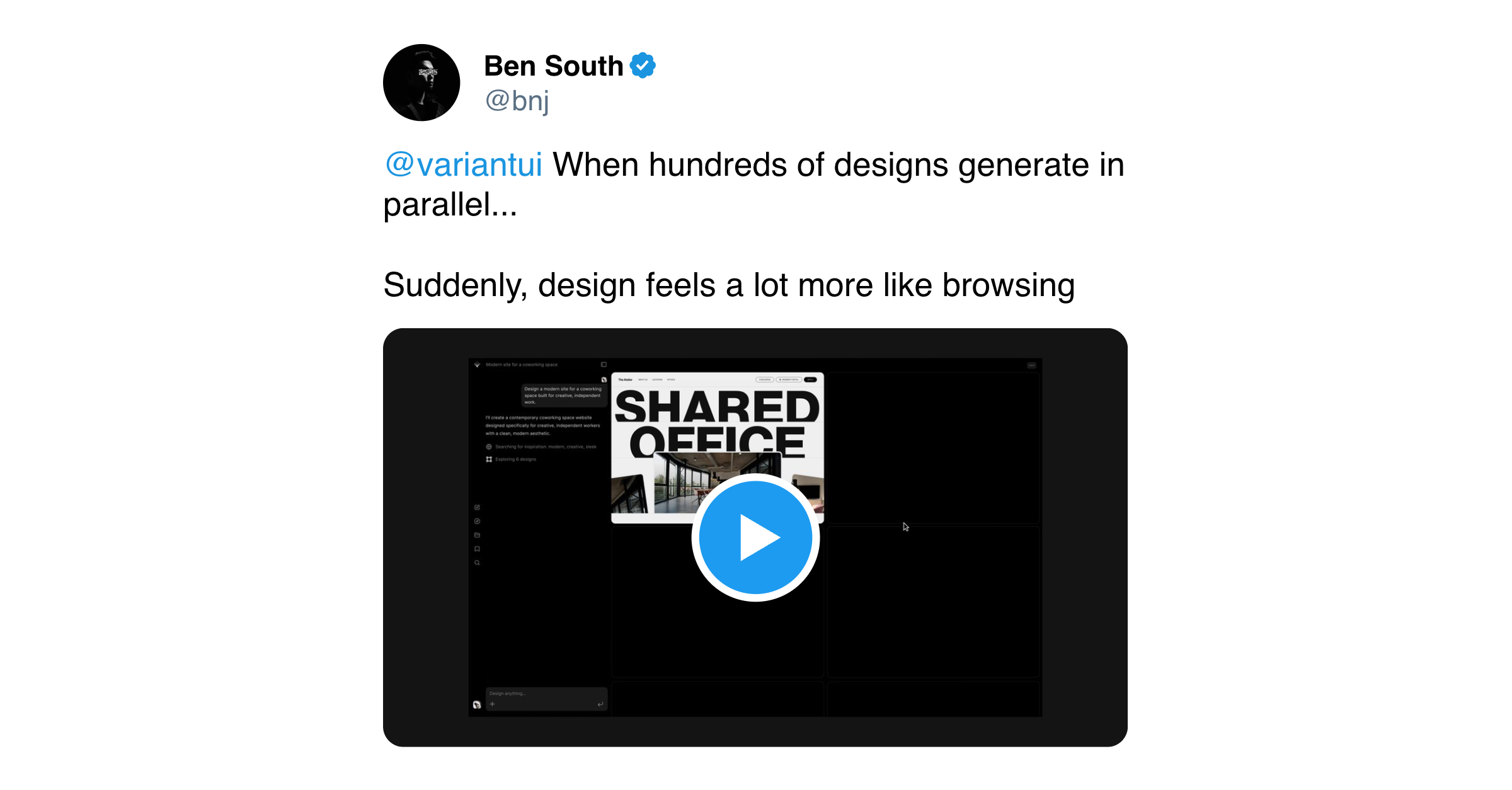 Ben South tweet about Variant UI parallel generation